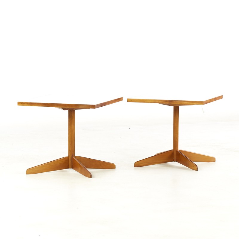 Edward Wormley Style Mid Century Walnut and White Laminate End Tables - Pair gallery