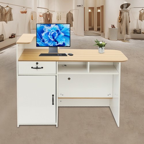 Modern Reception Desk w/Locking Drawer, Open Shelves White+Natural Finish 47.2in