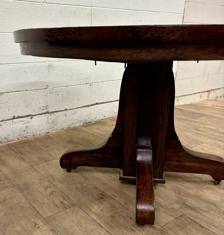 Antique Mission Arts and Crafts Tiger Oak Quarter Sawn Pedestal Dining Table gallery