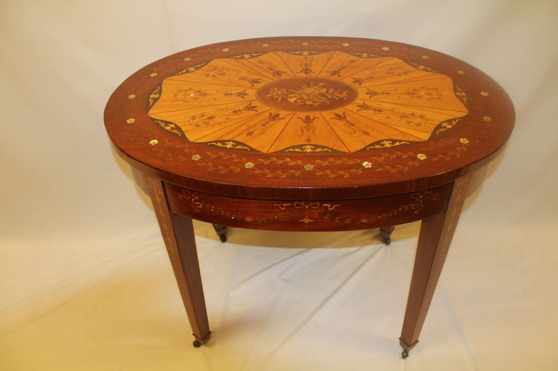 Gorgeous Inlaid Edwardian Mahogany and Satinwood Side Center Table, 19th C.