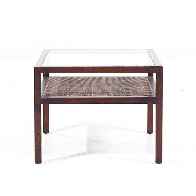 Founders Style Mid Century Oak, Cane and Glass End Tables - Pair gallery