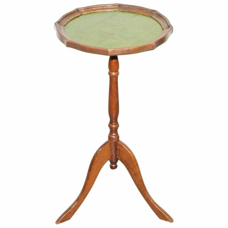 BEVAN FUNELL ENGLAND GREEN LEATHER VINTAGE MAHOGANY TRIPOD LAMP SIDE END TABLE