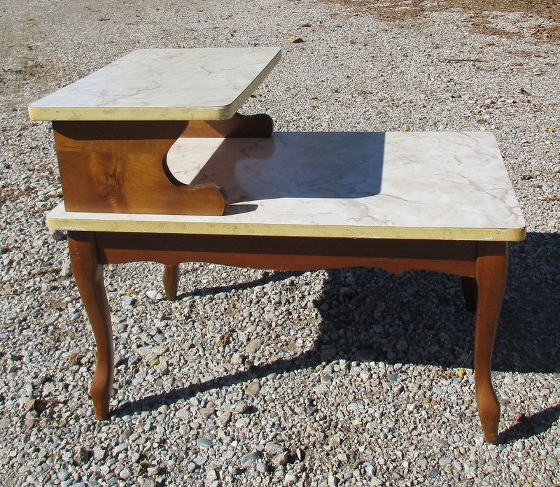 Vintage MCM White Marbled Formica Two-Tier Step End Table, Mid Century Modern