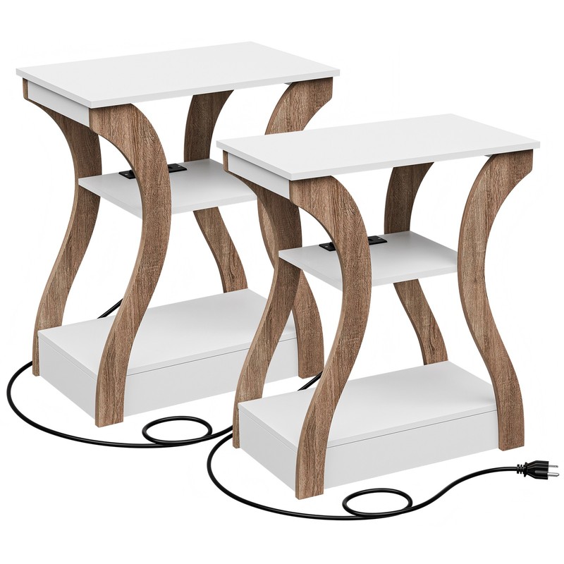 Set of 2 End Tables with Charging Station 3 Tier Side Tables Nightstand White