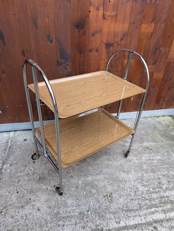 Dinette Serving Cart Tea Cart Table Side Table Oak Bar Chrome 70s WOW gallery
