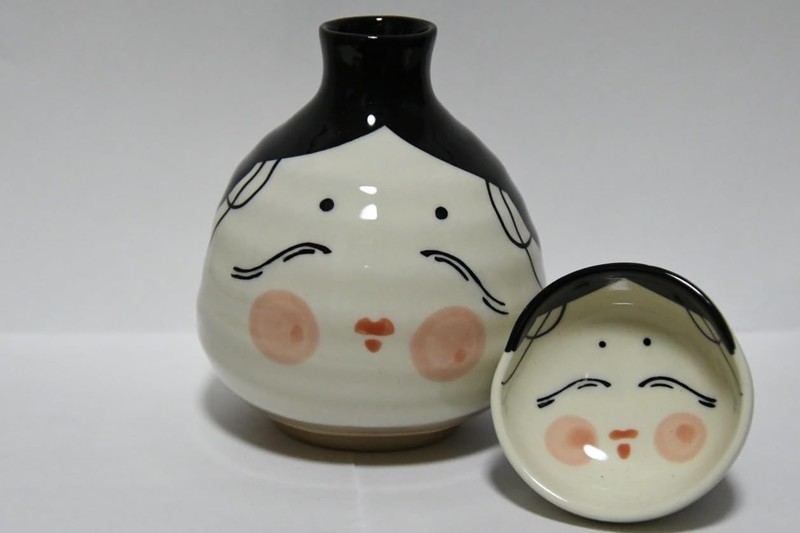 Okame Sake Bottle Set 1.5 Go Size Cute Sake Cup Gift, Present, Japanese Sake