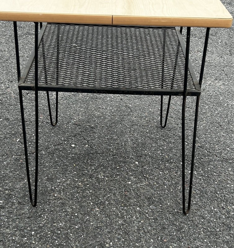 Vintage MCM Mid Century Modern Wrought Iron Hairpin Legs Formica Side Table Rare gallery