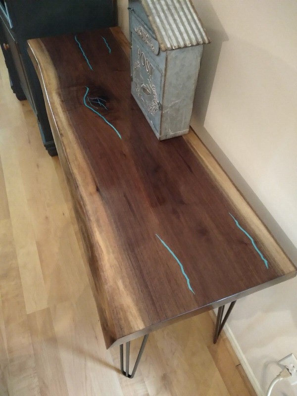 Live Edge Walnut Slab Table with Turquoise Inlay (Free Shipping) gallery