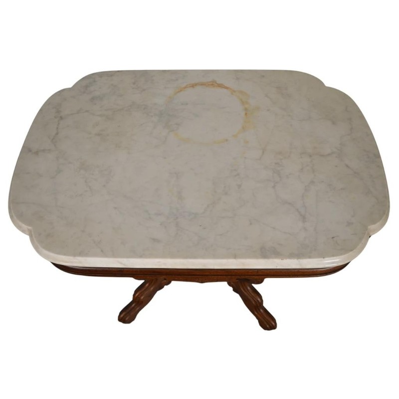 Antique Victorian Marble Top Carved Lamp Table – Walnut Base, 1880s #22593 gallery