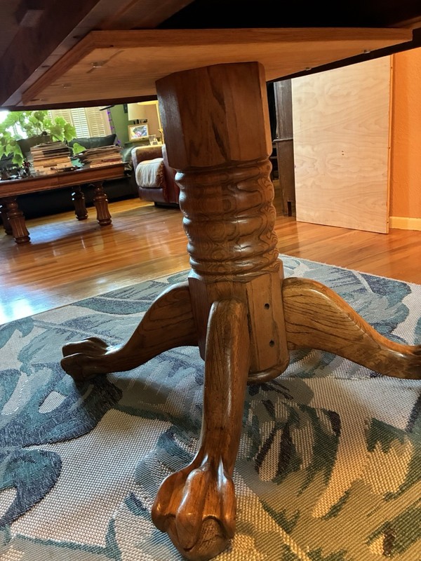 Antique Tigerwood Oak Table round 45” round 30” Tall claw feet gallery