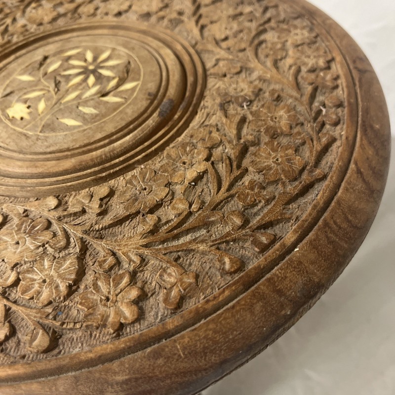 VINTAGE HAND CARVED FOLDING WOODEN SMALL TABLE MADE IN INDIA INLAY gallery