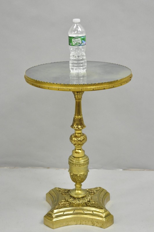 Antique French Victorian Solid Brass Round Glass Top Small Pedestal Side Table gallery