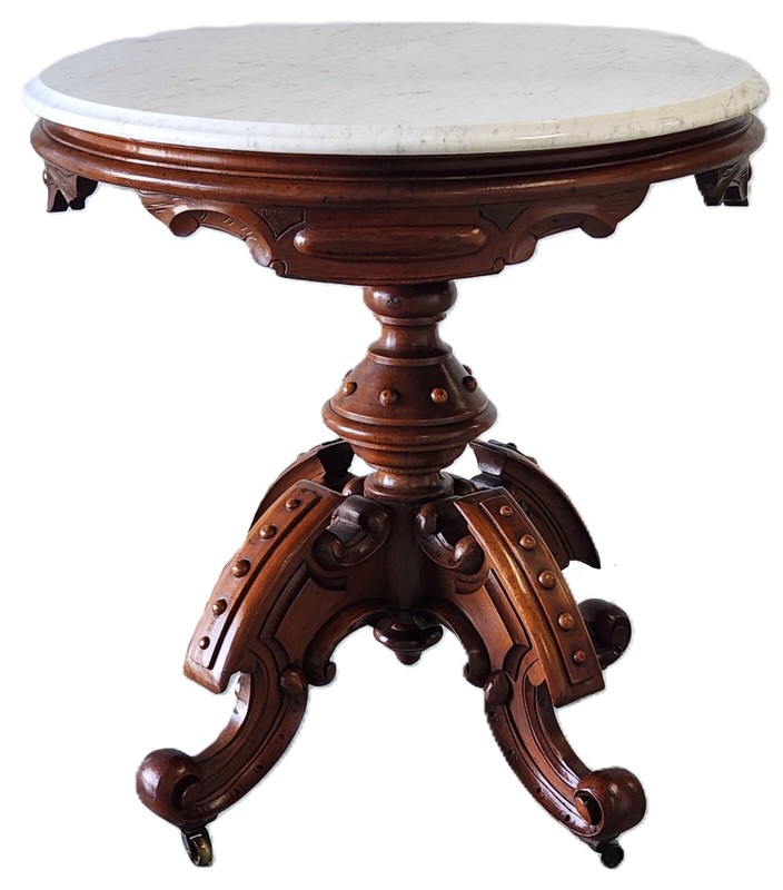 Center Parlor TABLE, Thomas Brooks, Renaissance Victorian, Marble, Pedestal,33"L gallery
