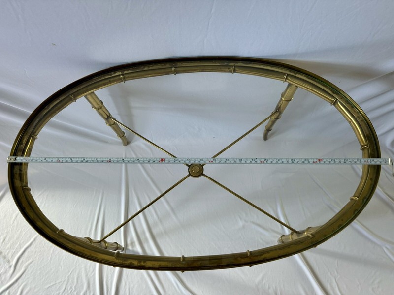 Vintage Brass Faux Bamboo Glass Top Oval Coffee Table MCM Hollywood Regency gallery