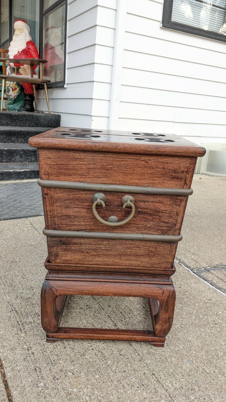 Antique Cellarette Asian Hardwood Side Table Mid Century Brass Wine Winery gallery