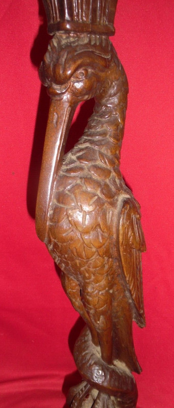 Antique Carved Wood Table / Stand Pedestal Base w/ Pelican Bird & Fish - 25" gallery