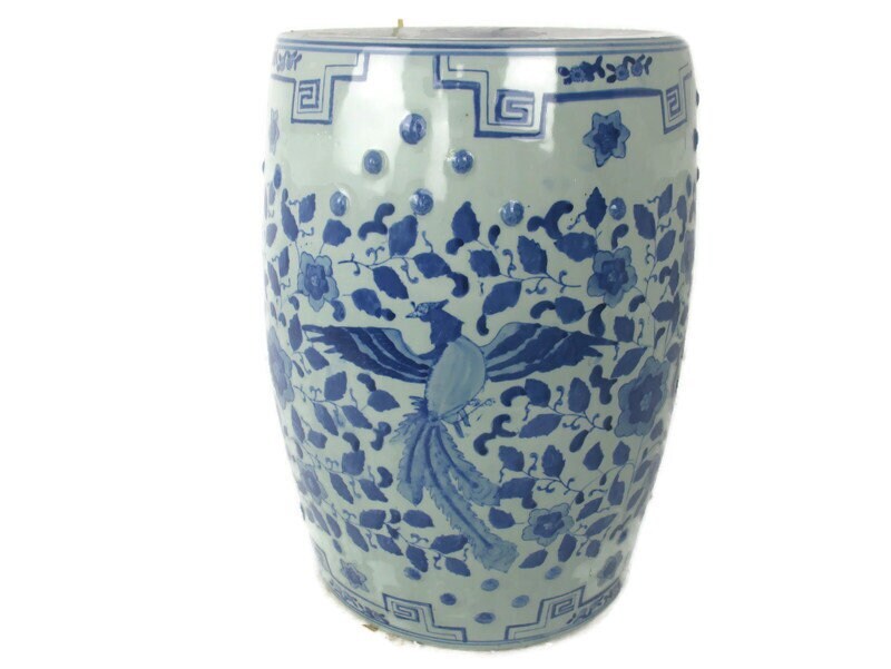 Vintage Chinese Porcelain Garden Stool Side Table Pedestal White Blue Chinoiser