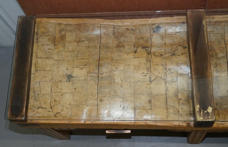RESTORED CIRCA 1920'S HENNES FRANCE BUTCHERS TABLE BRONZED MOUNTS GLASS TOP gallery