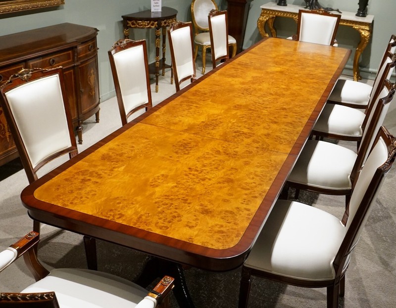 12' traditional mahogany with burl 3 pedestal formal dining table gallery