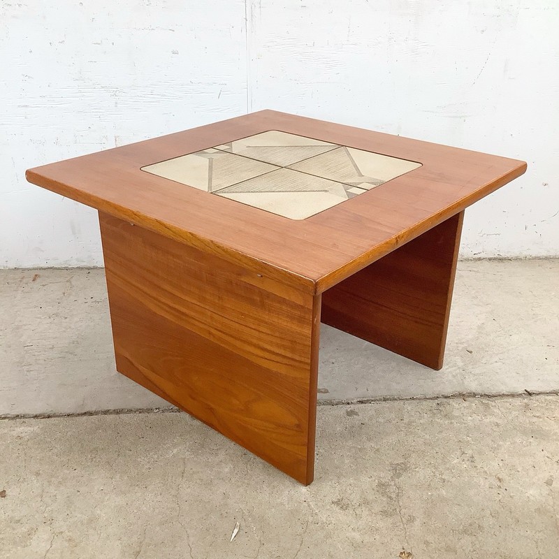 Vintage Danish Modern Teak Side Table Ceramic Geometric Tile Inset gallery