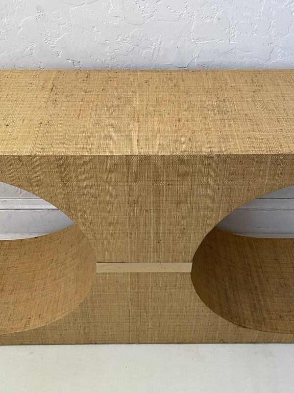 KARL SPRINGER Style Sculptural Grass Cloth Linen Brass Console Table gallery