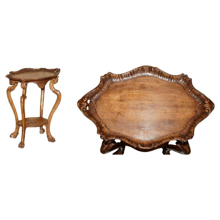 ANTIQUE FRENCH HAND CARVED TEA SILVER TRAY TABLE WITH REMOVABLE SERVING TRAY TOP