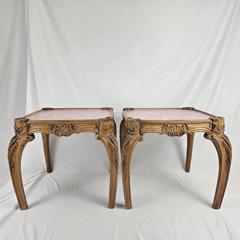 Vintage Italian Rococo End Table Pair Carved Wood French Faux Marble Baroque gallery
