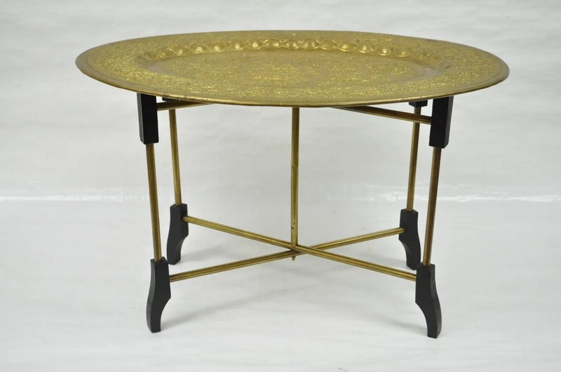 Vintage Moroccan Brass Bird Embossed Oval Tray Folding Small Coffee Table gallery