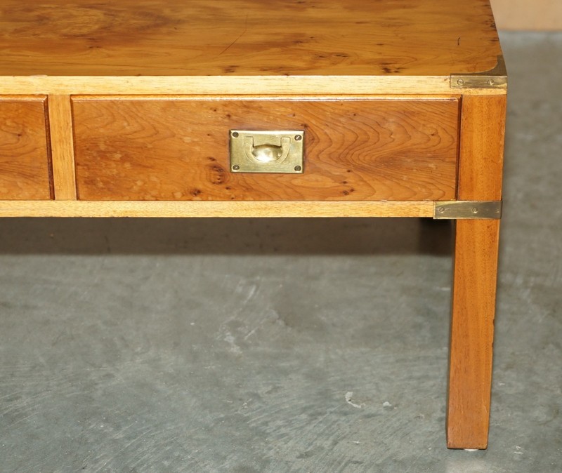 LIGHTLY RESTORED BURR WALNUT & BRASS MILITARY CAMPAIGN THREE DRAWER COFFEE TABLE gallery