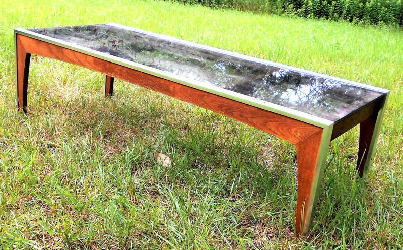 VINTAGE MID CENTURY MODERN WOOD AND BRUSHED STEEL COFFEE TABLE