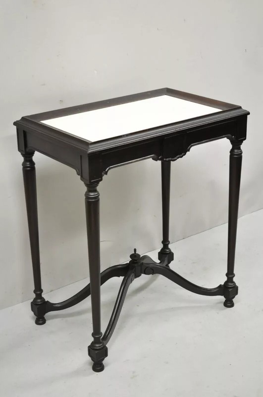 Antique Jacobean Renaissance Carved Mahogany Accent Side Table w/ Celluloid Top gallery