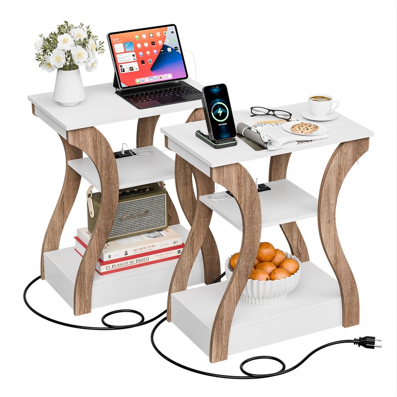 Set of 2 End Tables 3 Tier Nightstand for Bedroom with Charging Station White