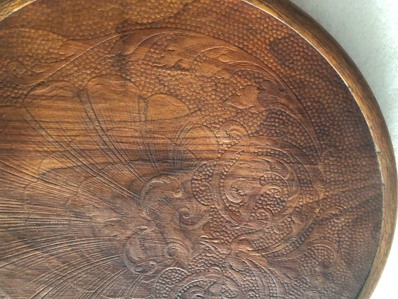 Antique carved wood table top 16 in. diameter with bent oak border gallery