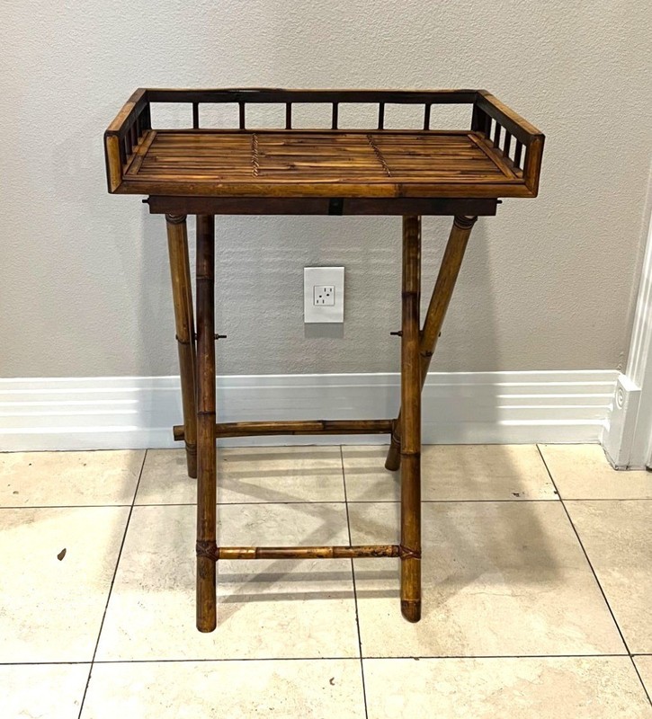 Vintage Mid-Century Modern Tortoise Shell Burnt Bamboo Folding Tray Table