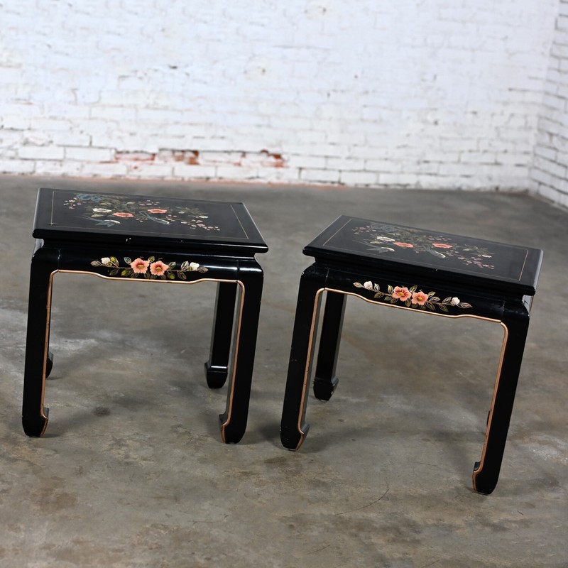 Distressed Chinoiserie Pair Black Lacquered End or Side Tables Ming Style Feet gallery