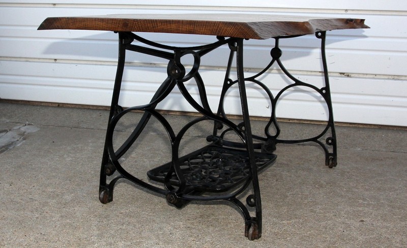 Industrial Live Edge OLD Oak Slab Timber Coffee Table w Iron Sewing Machine Base gallery