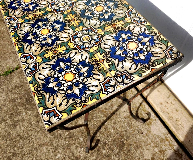 WONDERFUL CALIFORNIA? ARTS & CRAFTS TILE TOP TABLE, PLANT STAND WITH IRON BASE.. gallery
