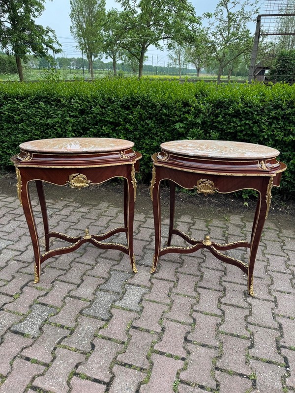 Side Tables French Louis XVI Mahogany Bronze Pink Marble Early 20th C Pair