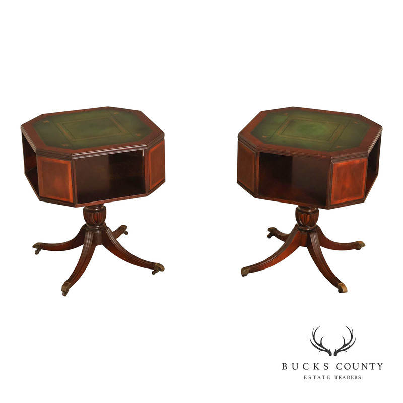 Pair of Regency Style Mahogany Green Leather Top Pedestal Side Tables