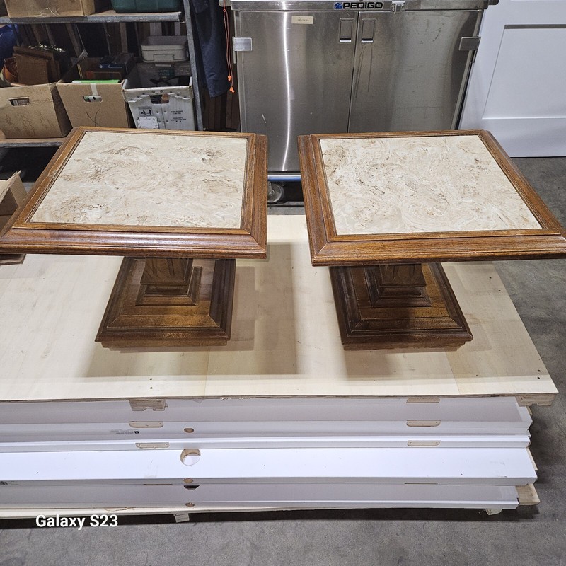 Vintage Mid Century Solid Wood End Tables ~ Marble Inlay