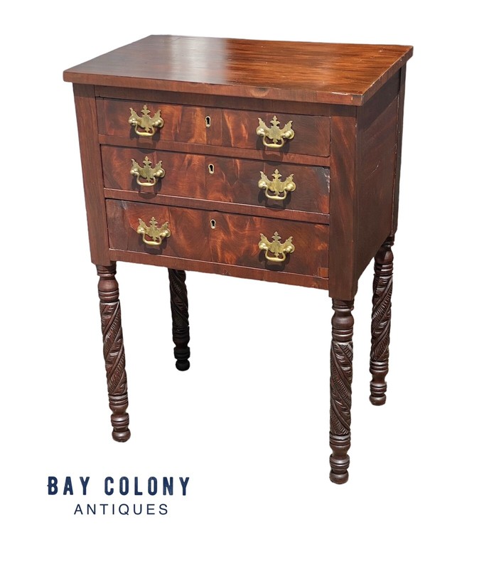 Antique Sheraton Mahogany Worktable / Sewing Stand with 3 Drawers & Carved Legs gallery