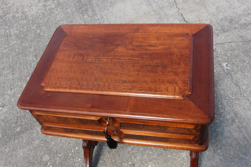 Gorgeous Burl Walnut Victorian Sewing Vanity Table with Carved Sides ~ Ca.1870 gallery