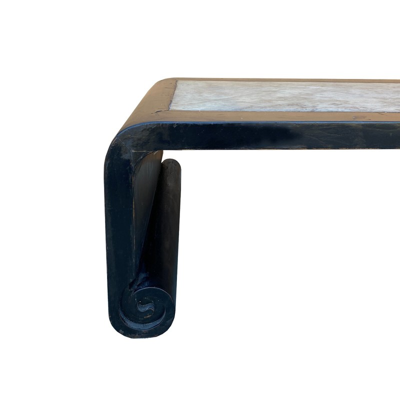 Distressed Black Lacquer Stone Top Scroll Legs Rectangular Coffee Table cs7287 gallery