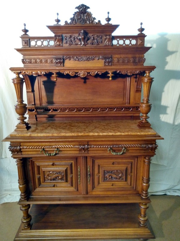 Antique French Renaissance Henry ll Style Walnut Carved Marble Top Server c1890.
