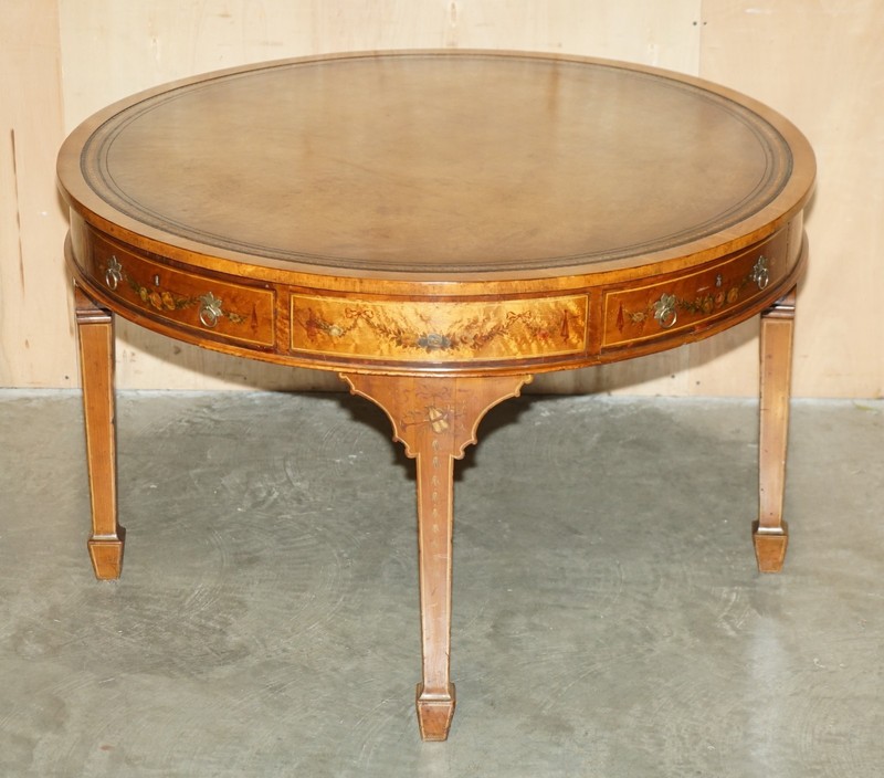 RESTORED ORIGINAL ANTIQUE SHERATON SATINWOOD BROWN LEATHER LIBRARY CENTRE TABLE gallery