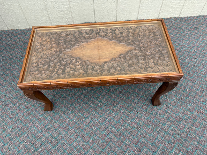 67733 Hand-Carved Coffee Table with Glass Top and Floral Design gallery