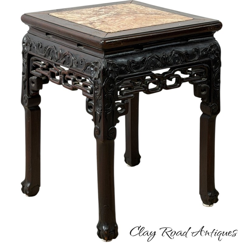 Antique Chinese rosewood victorian rose marble top plant stand pedestal ornate