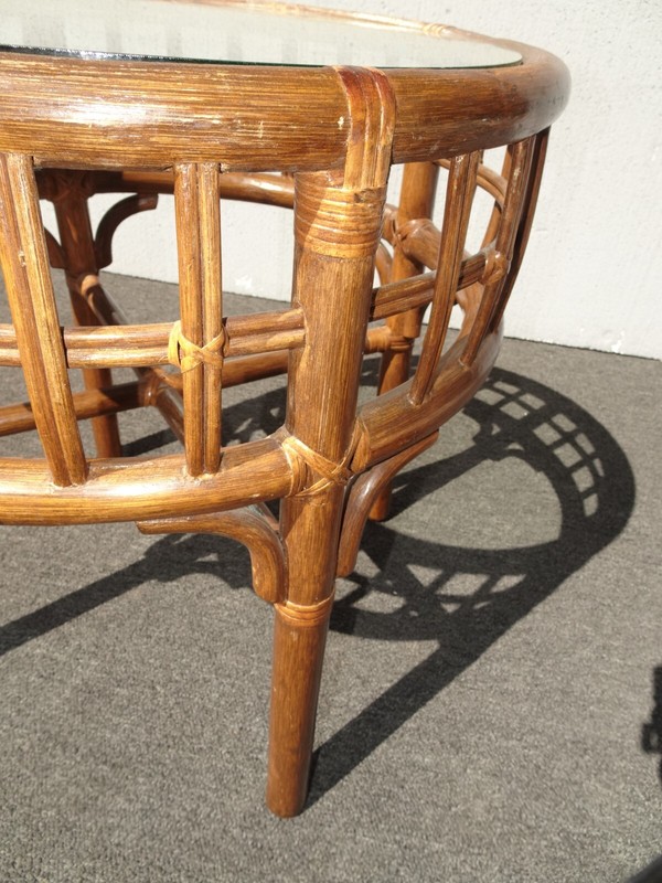 Vintage French Country Bamboo Rattan End Table Side Table w Glass Top gallery