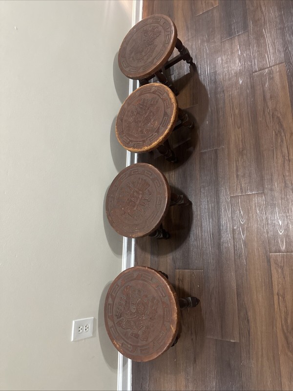 Peruvian Hand Tooled Punched Leather South American Wooden Stool Set Of 4