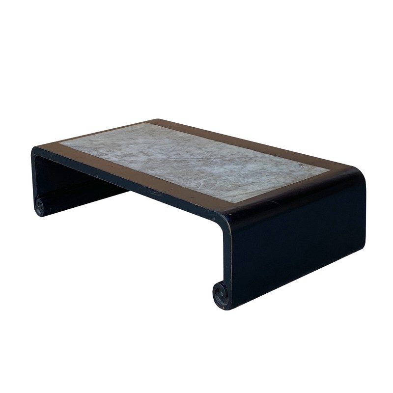 Distressed Black Lacquer Stone Top Scroll Legs Rectangular Coffee Table cs7287 gallery